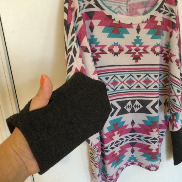 Pink Aztec Print Geometric Oversized Longsleeve Slouchy shirt Boho Pullover - Picture 3 of 7